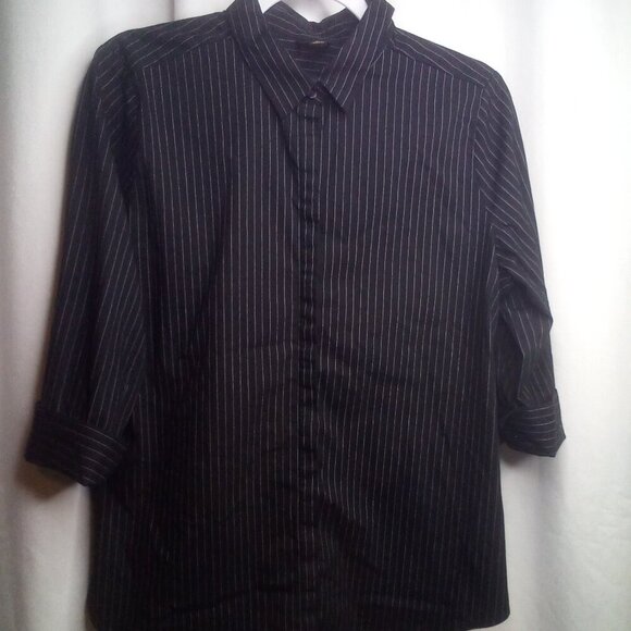 Worthington Blouse Shirt Women L Button Up 3/4 Sleeve Stripe Black White - Picture 1 of 16